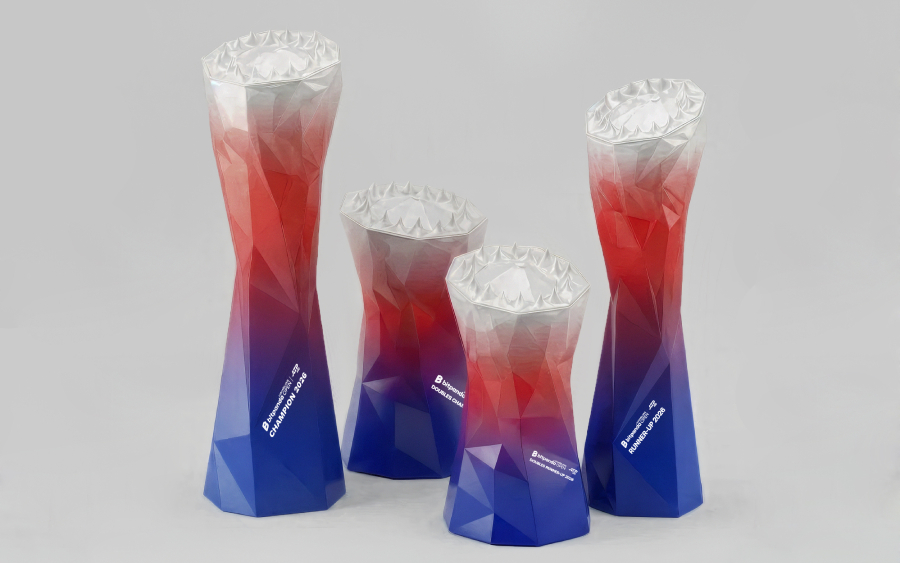 Four versions of the custom trophy Bitpanda Hamburg Open 2026 Sustain Awards